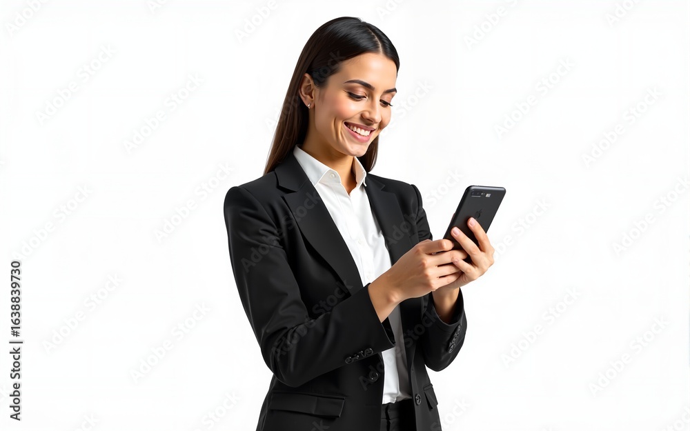 Smiling young middle eastern businesswoman using smartphone mobile phone online ai app for work isolated on white background. Latin woman it specialist in business suit holding cellphone. Vertical Smiling young middle eastern businesswoman using smartphone mobile phone online ai app for work isolated on white background. Latin woman it specialist in business suit holding cellphone. Vertical