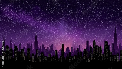 Silhouetted cityscape at night, under a vibrant purple starry sky
