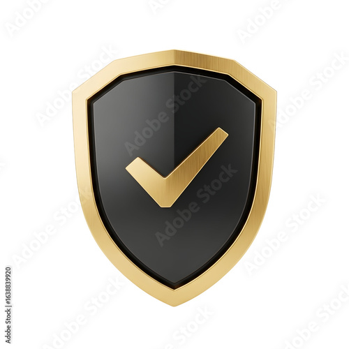 Gold Check Mark in Shield 3D Rendered Security Verification