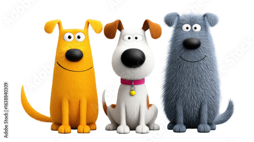 Three cartoon dogs of varying colors sit together, showcasing friendship in a playful setting