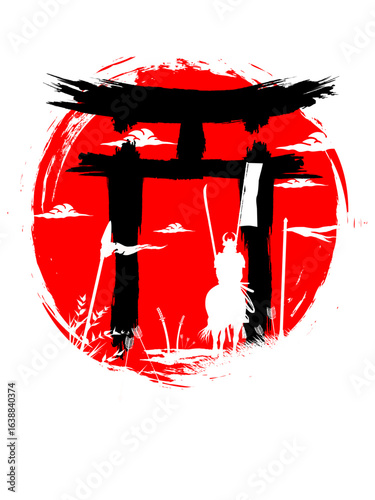 Samurai silhuette with red moon