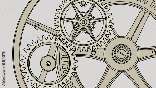 Illustration depicts an arrangement of interlocking gears with intricate details and mechanical design