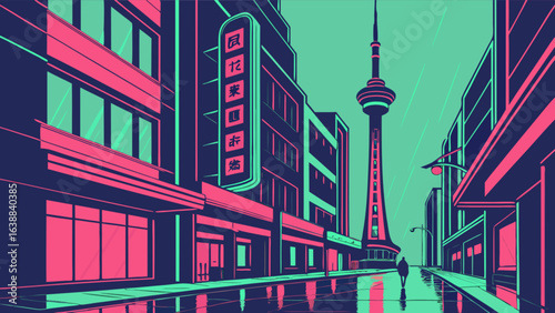 Illustration of a city street with tall buildings and a tower on a wet reflective surface