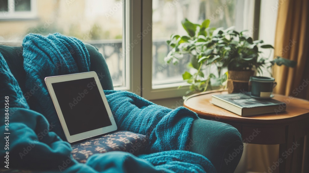 Fototapeta premium A teal armchair draped in a knit blanket holds a tablet; a small side table nearby displays a book, potted plant, and small cup. 