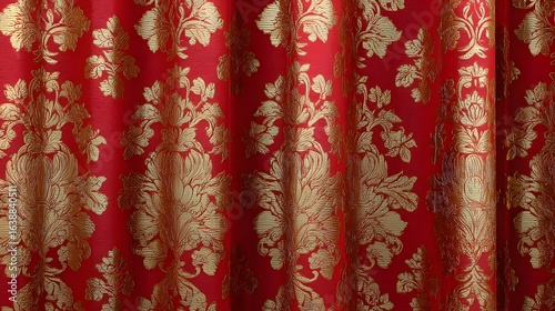 85. Crimson curtains with golden floral damask pattern