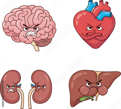 Cartoon illustration of four human organs with angry expressions.