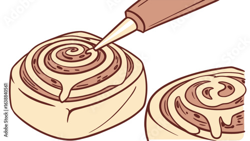 Icing being applied to a cinnamon roll with a pastry bag and another cinnamon roll beside it on white