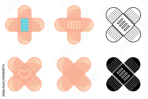 Adhesive Bandage Icon – Flat Design Vector Illustration on White Background. Adhesive bandage symbol set suitable for healthcare, first aid, wound care, hospital, clinic, and pharmacy.