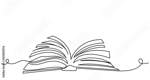 Continuous line drawing of an open book for knowledge.Line art open book with pages fanning out, wisdom, knowledge, education, literature, and creativity in a clean, library concept.