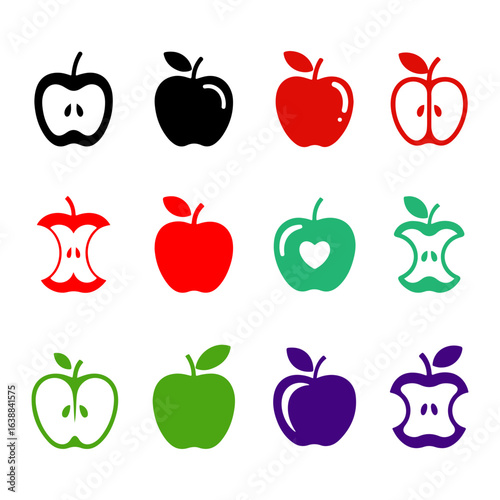 stylized apple icon grid. colorful whole, bitten, and halved fruit set. fruit icons set