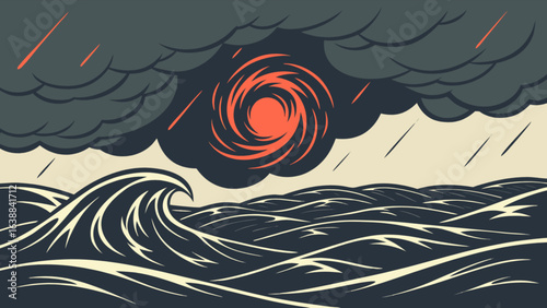Stylized depiction of a turbulent sea under a stormy sky with a vortex sun and rain streaks