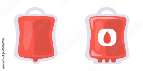 Blood Bag Icon Collection – Flat Design Vector Illustration on White Background. Medical blood donation symbol set suitable for healthcare, hospital, clinic, blood bank, and transfusion.