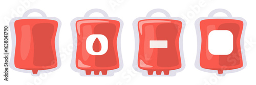 Blood Bag Icon Collection – Flat Design Vector Illustration on White Background. Medical blood donation symbol set suitable for healthcare, hospital, clinic, blood bank, and transfusion.