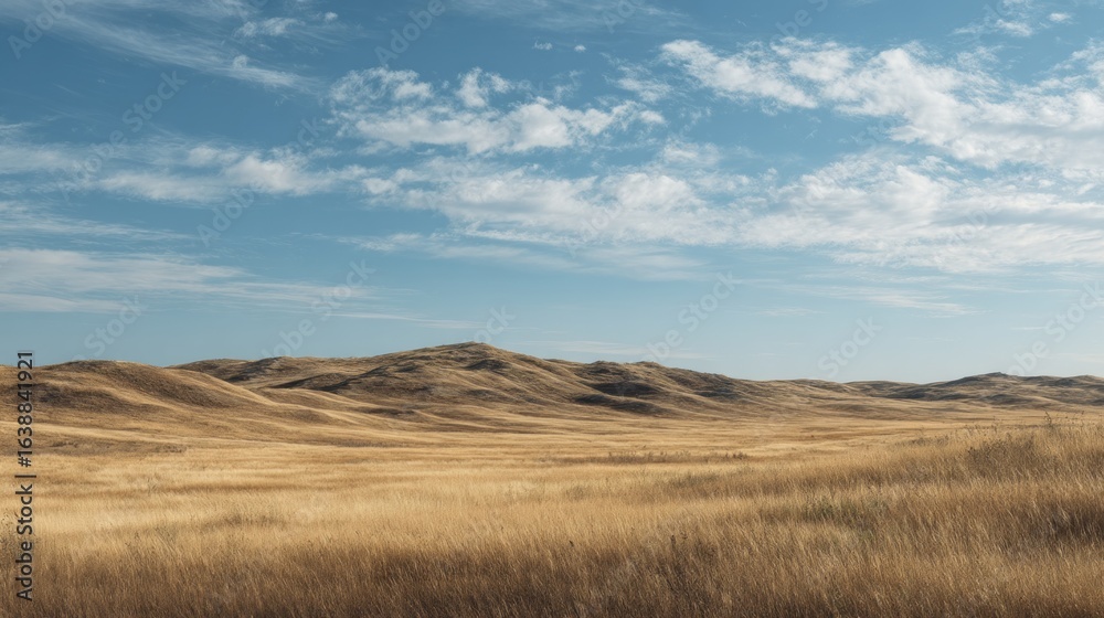 Fototapeta premium Rolling Hills Landscape with Golden Grass Under a Dramatic Blue Sky