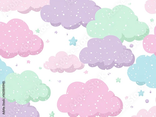 Pastel clouds and stars pattern on white background (1)