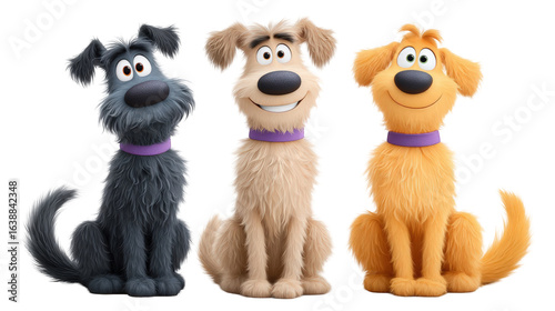 Three cartoon dogs with varying fur colors and expressions, sitting together in a playful pose