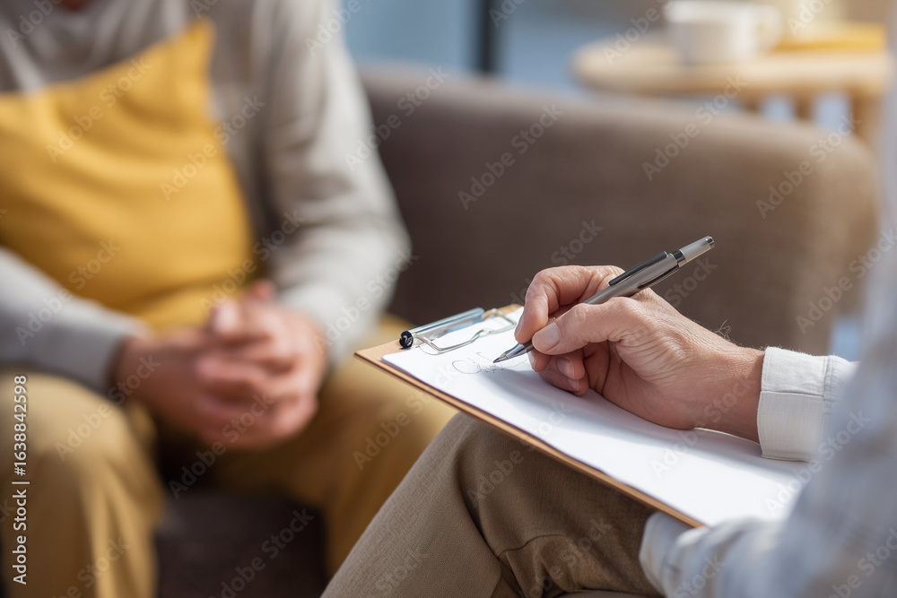 Fototapeta premium A man is writing on a clipboard while a woman sits next to him