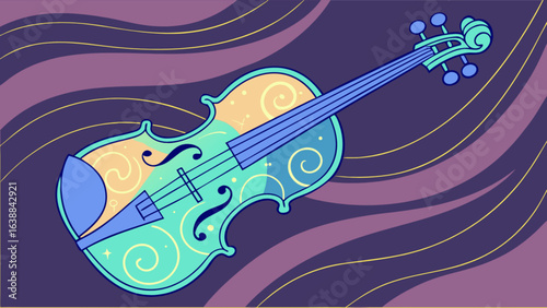 Stylized violin illustration with swirls and stars against a wavy purple and gold background