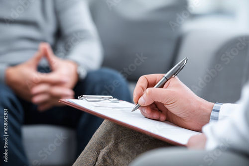 A man is writing on a clipboard while sitting on a couch