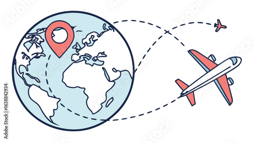 Global travel destination by airplane flight route with location pin on world map concept design vector