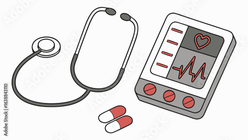 Medical equipment vector illustration featuring stethoscope blood pressure monitor and pills for healthcare use