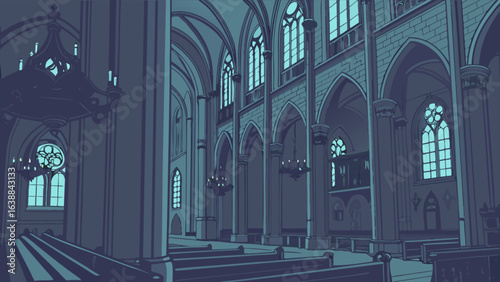 Illustration of a grand cathedral interior with pews arches and stained glass windows at dusk time frame