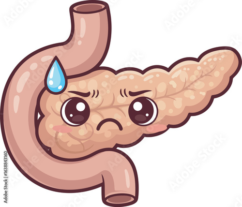 Cartoon illustration of a sad pancreas with a sweat drop, showing discomfort or illness.