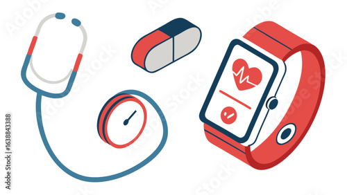 Healthcare technology and medicine concept with stethoscope smart watch and pill for medical care use