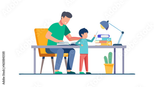 Father helping son with homework and studying vector illustration education learning family time home study
