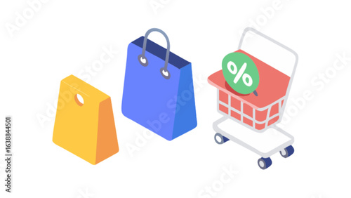 Shopping bags and cart with discount for retail sales and consumer purchases in online store concept design