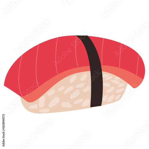 Illustration of a single piece of tuna nigiri sushi with rice and nori seaweed on a white background.