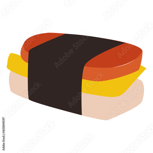 Illustration of a Spam musubi, a popular snack consisting of grilled Spam, egg, and rice wrapped with nori seaweed.