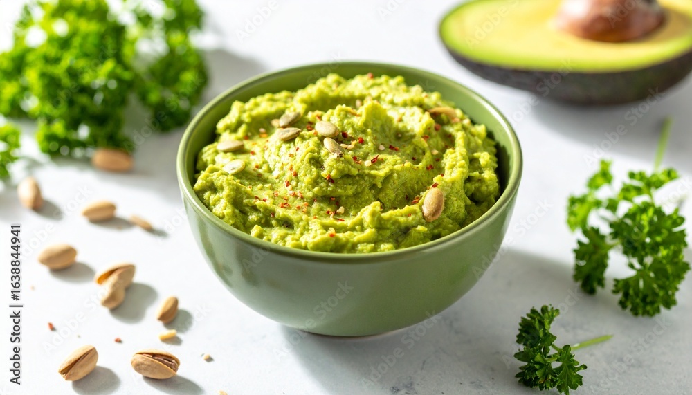 Healthy snack concept, roasted pumpkin seeds sprinkled generously over avocado cream dip in matte green bowl, surrounded by fresh herbs Healthy snack concept, roasted pumpkin seeds sprinkled generously over avocado cream dip in matte green bowl, surrounded by fresh herbs
