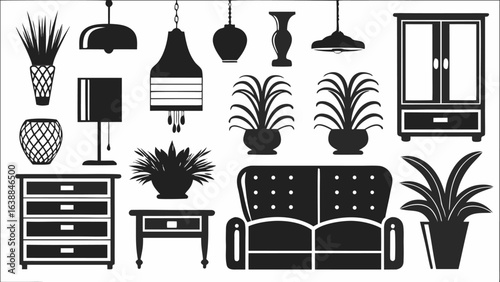 Silhouette illustration of furniture including sofa, lamps, cabinets and potted plants in a room interior