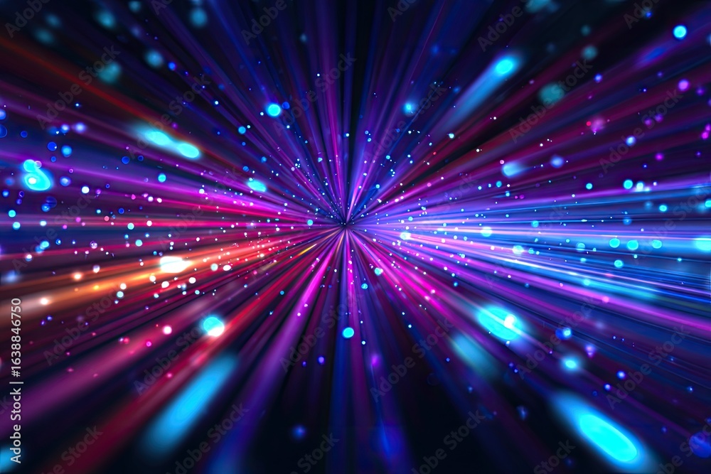 Obraz premium Abstract digital artwork, radiating beams of vibrant colors, with scattered particles