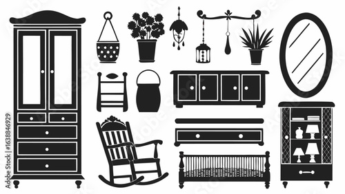 Illustration of various furniture items including wardrobe, plants, mirror, and rocking chair silhouettes