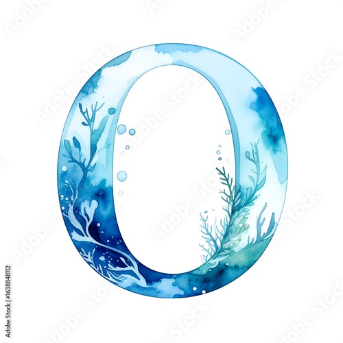 Watercolor letter O, depicting an underwater scene with seaweed and bubbles