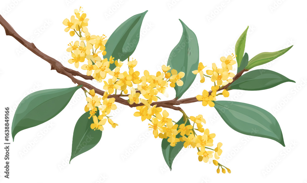 Obraz premium A vibrant illustration of a osmanthus branch with bright yellow flowers and lush green leaves, showcasing natural floral beauty.