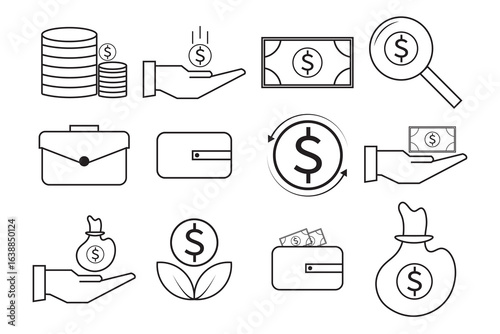 money icon set. ATM, Money, withdraw icons,  saving and wallet, finance symbol on Editable stroke, vector illustration. 