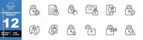 Cybersecurity privacy set of web icons in line style. Exclusive cybersecurity privacy linear icon collection. Containing padlock, document, gear, mobile, password, alert, and data. Editable stroke