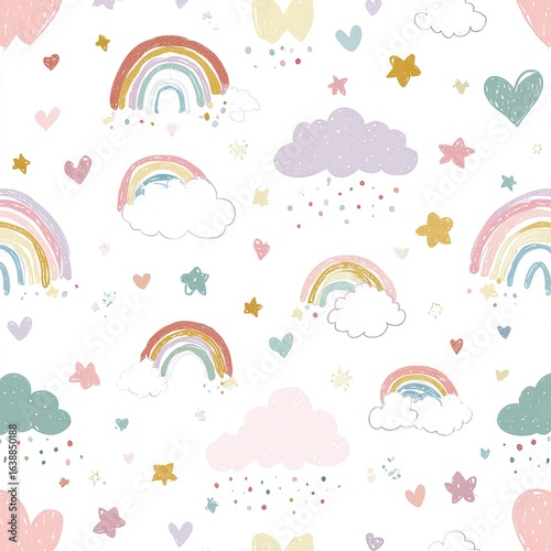 Whimsical rainbow and cloud pattern on white background.  Cute, pastel colored, and playful design with scattered hearts, stars, and confetti