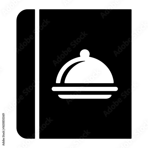Black cookbook icon with white serving dish recipe