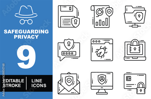 Safeguarding privacy set of web icons in line style. Exclusive safeguarding privacy linear icon collection. Containing floppy, data, folder, password, bug, laptop, email, monitor. Editable stroke