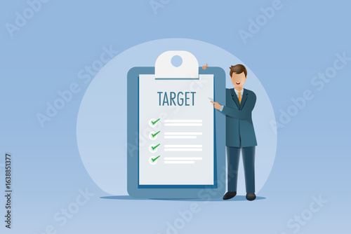 Businessman point at marketing target check list board.  Template banner for business advertising and marketing. Vector.