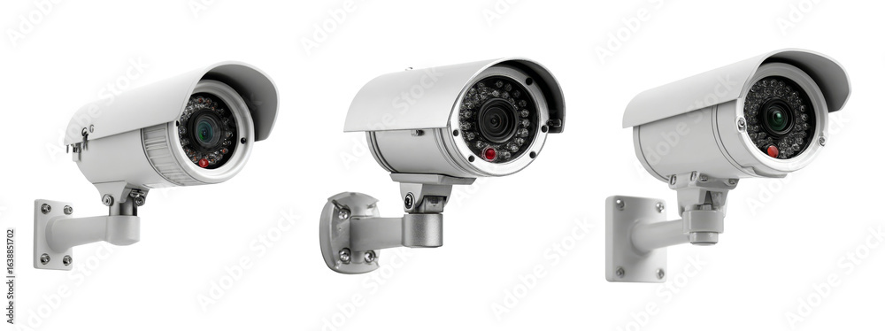 Naklejka premium Three White Surveillance Cameras for Security Monitoring Systems