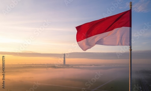 National flag waving in sunrise mist
