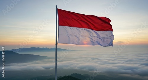 National flag waving majestically over misty mountains