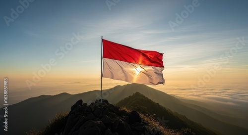 National flag waving on mountaintop sunrise