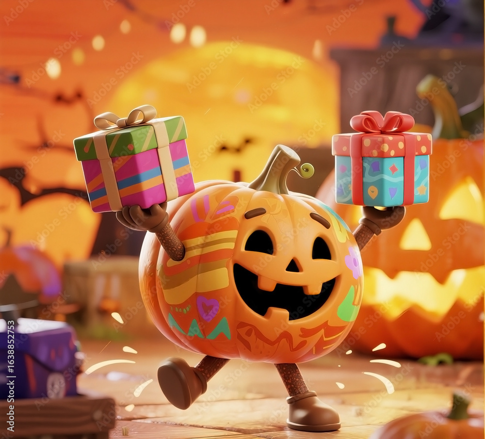 Fototapeta premium dancing pumpkin carrying a gift box in his hand