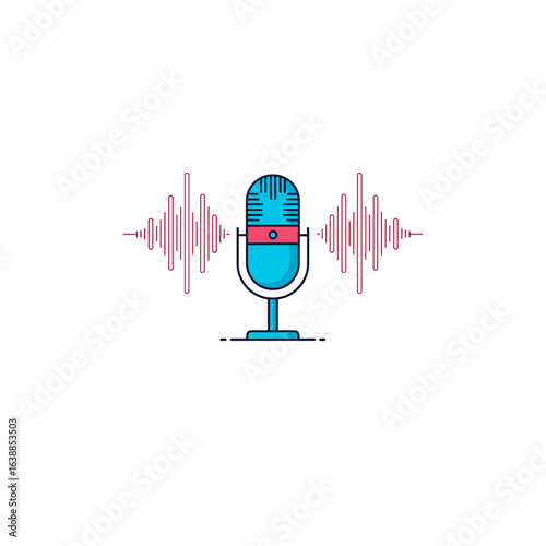 Recording audio with a vintage microphone and sound wave graphics